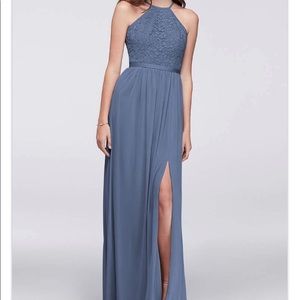 David’s Bridal Steel Blue Bridesmaid Dress style #F19608